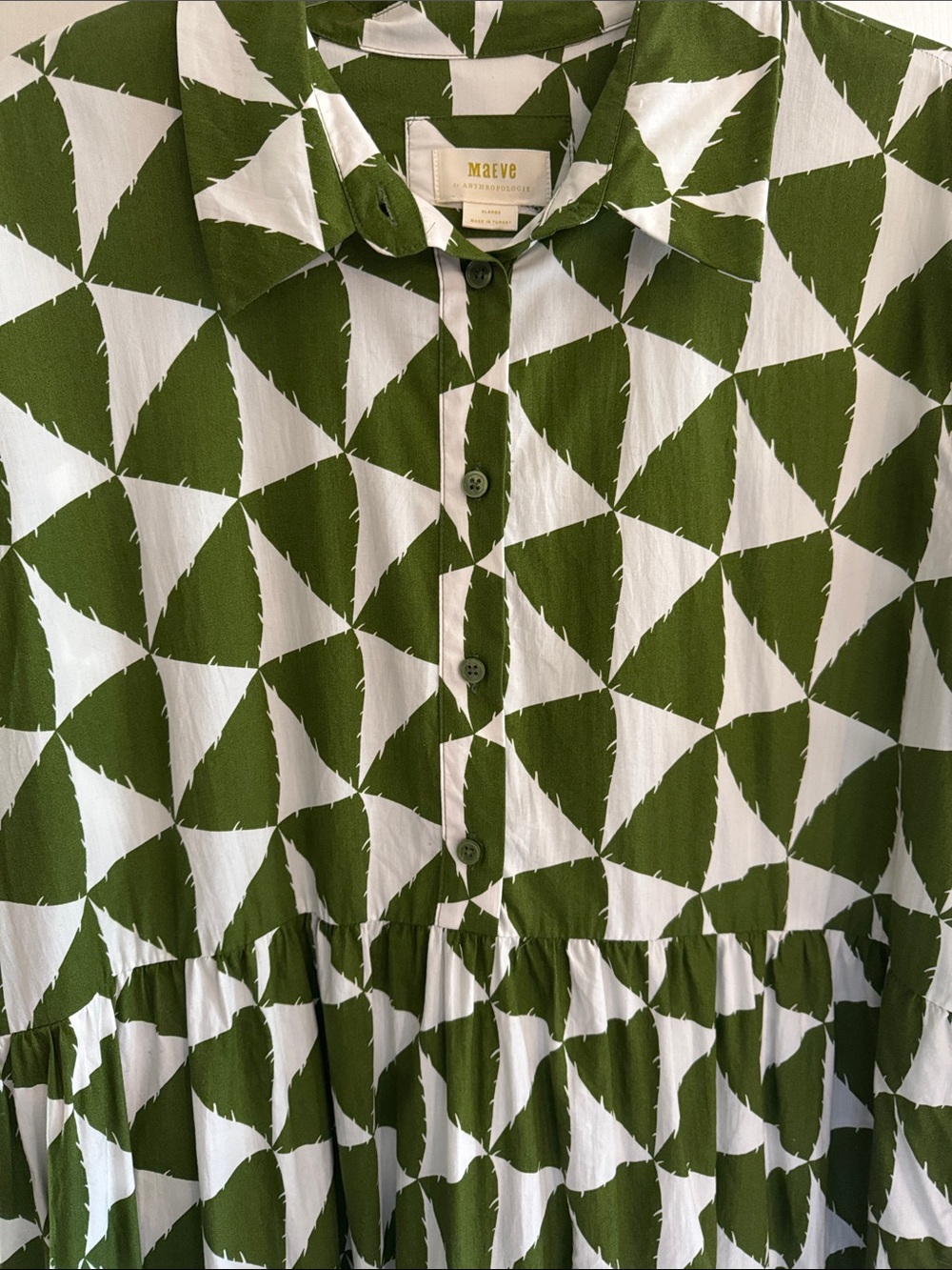 EUC Anthropologie Maeve Bettina Green White Geometric Tiered Shirtdress XL - Picture 4 of 7